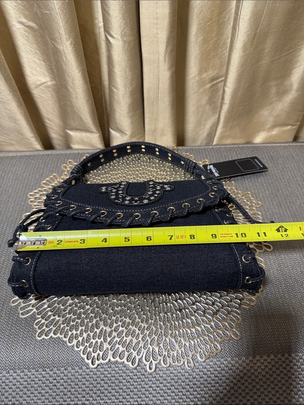 True Religion Joey Studded Horseshoe Eyelet Denim Flap Shoulder Bag NWT - Picture 5 of 9